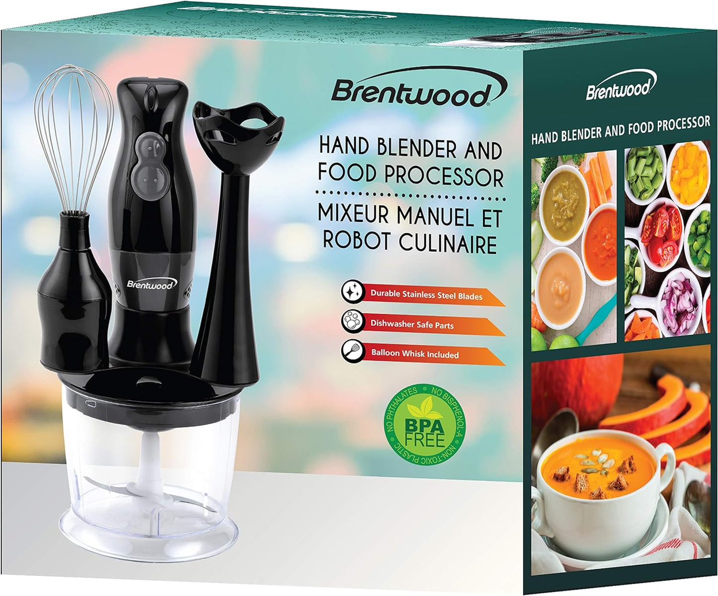 Brentwood Appliances 2-Speed Black Hand Mixer Blender and Food Processor with Balloon Whisk