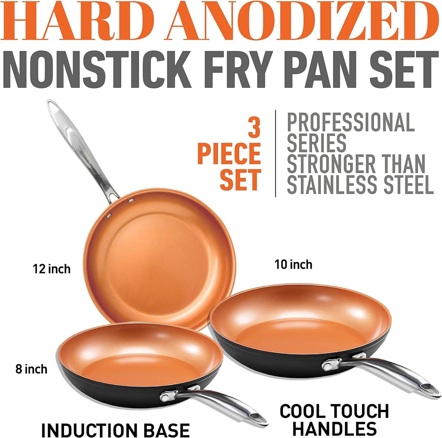 Gotham Steel Professional 3-Piece Aluminum Hard Anodized Nonstick Frying Pan Set (8 in., 10 in., and 12 in.)