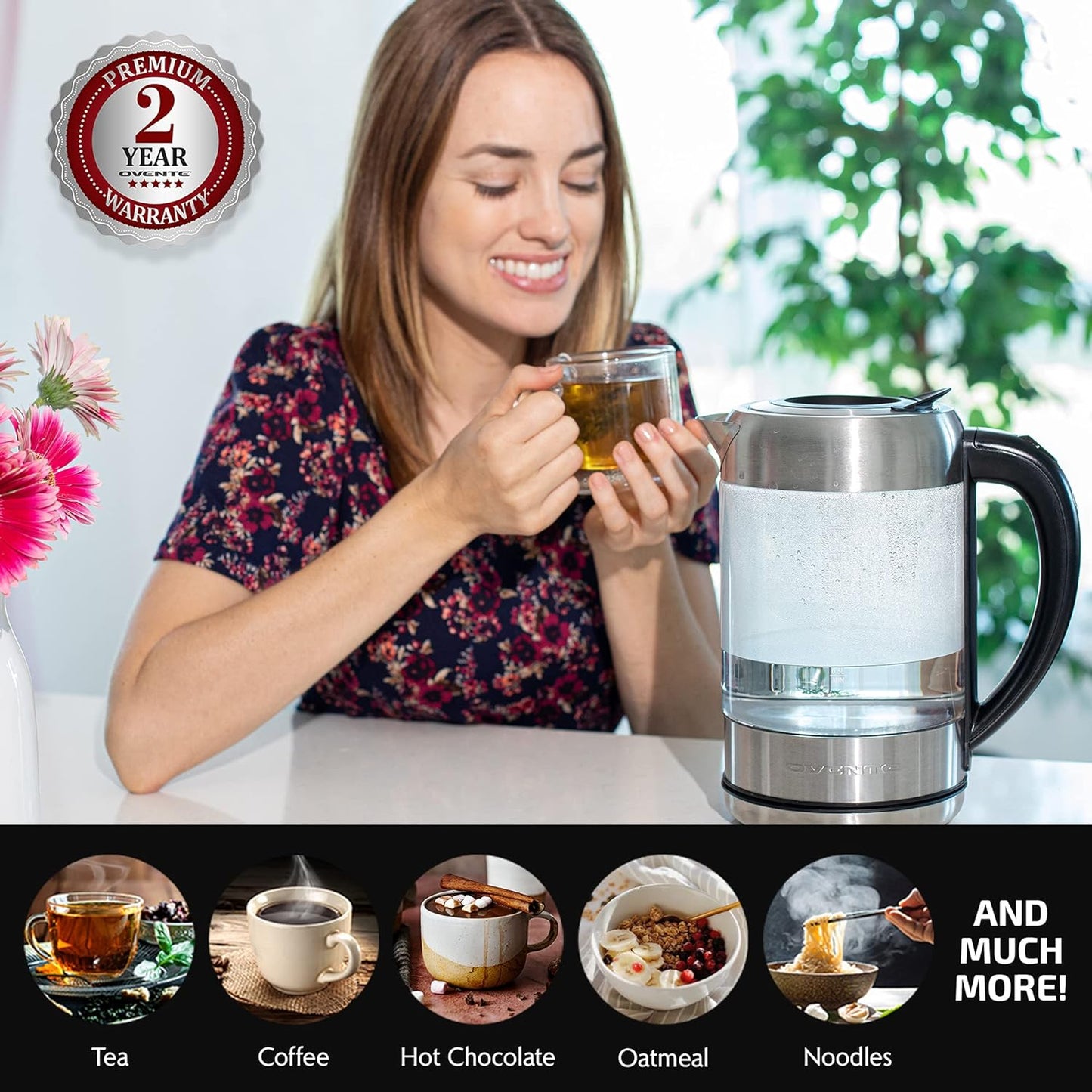 OVENTE 7-Cup 1.7 l Silver Glass Electric Kettle with ProntoFill Technology-Fill Up with Lid On