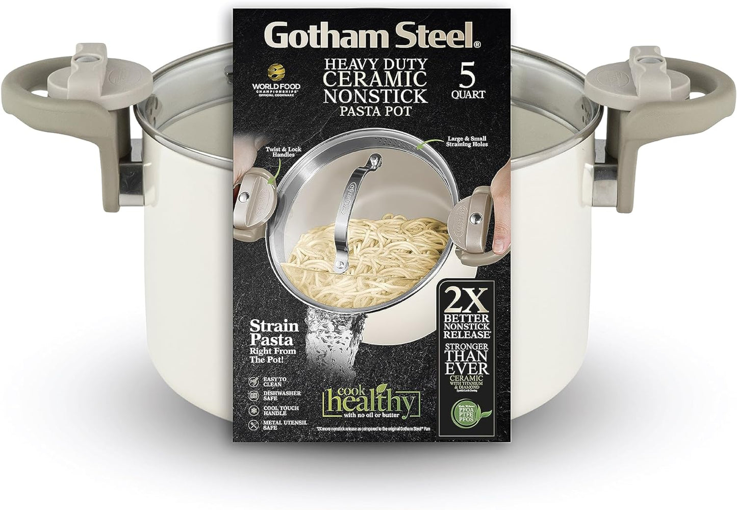 Gotham Steel Natural Collection 5 qt. Aluminum Ceramic Nonstick Pasta Pot in Cream with Lock Handles and Lid