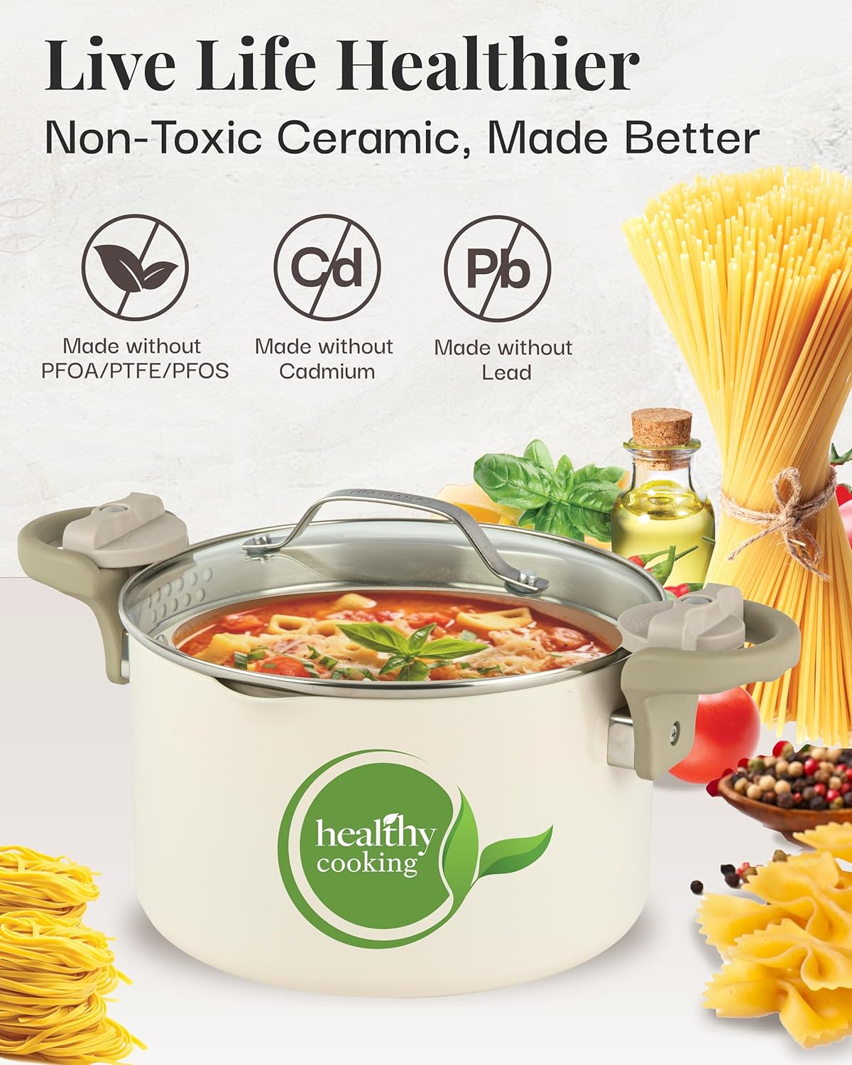 Gotham Steel Natural Collection 5 qt. Aluminum Ceramic Nonstick Pasta Pot in Cream with Lock Handles and Lid