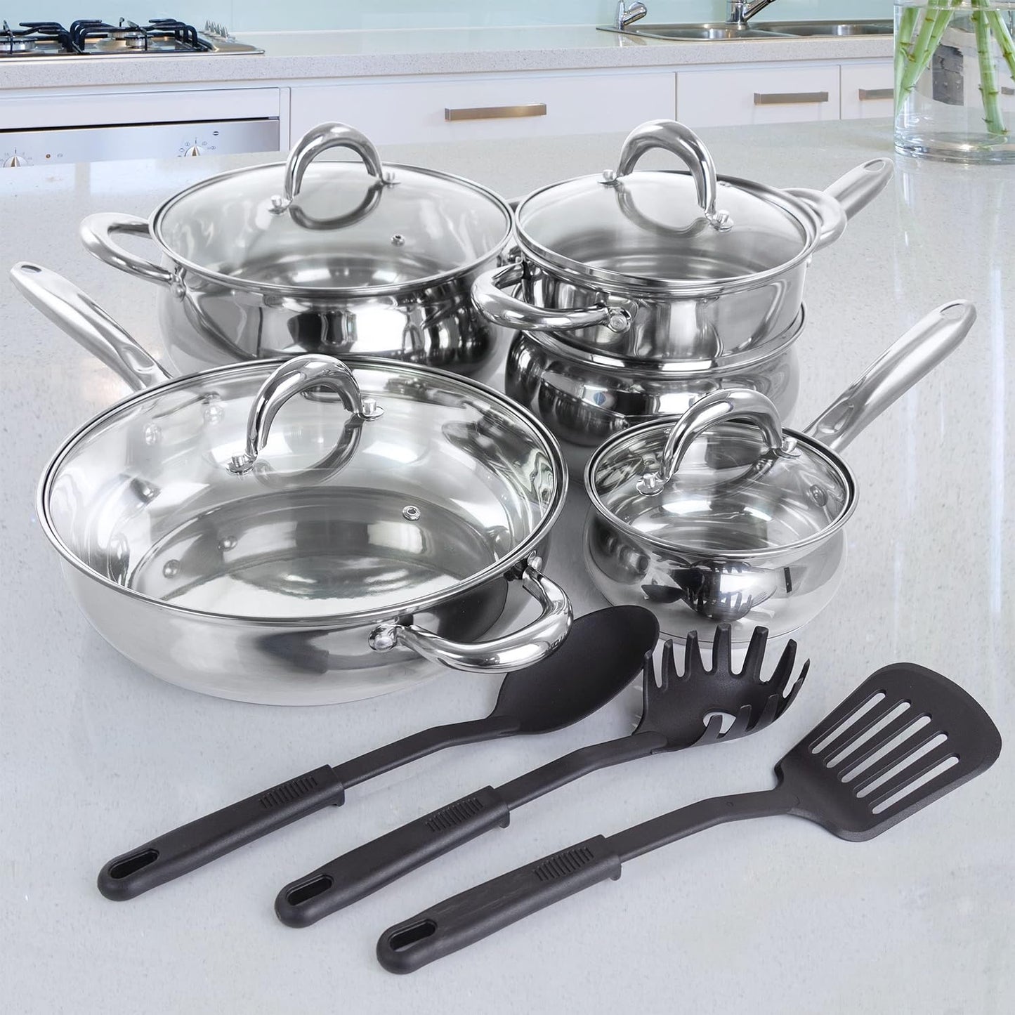 Gibson Home Ancona 12-Piece Stainless Steel Belly Shaped Cookware Set with Kitchen Tools