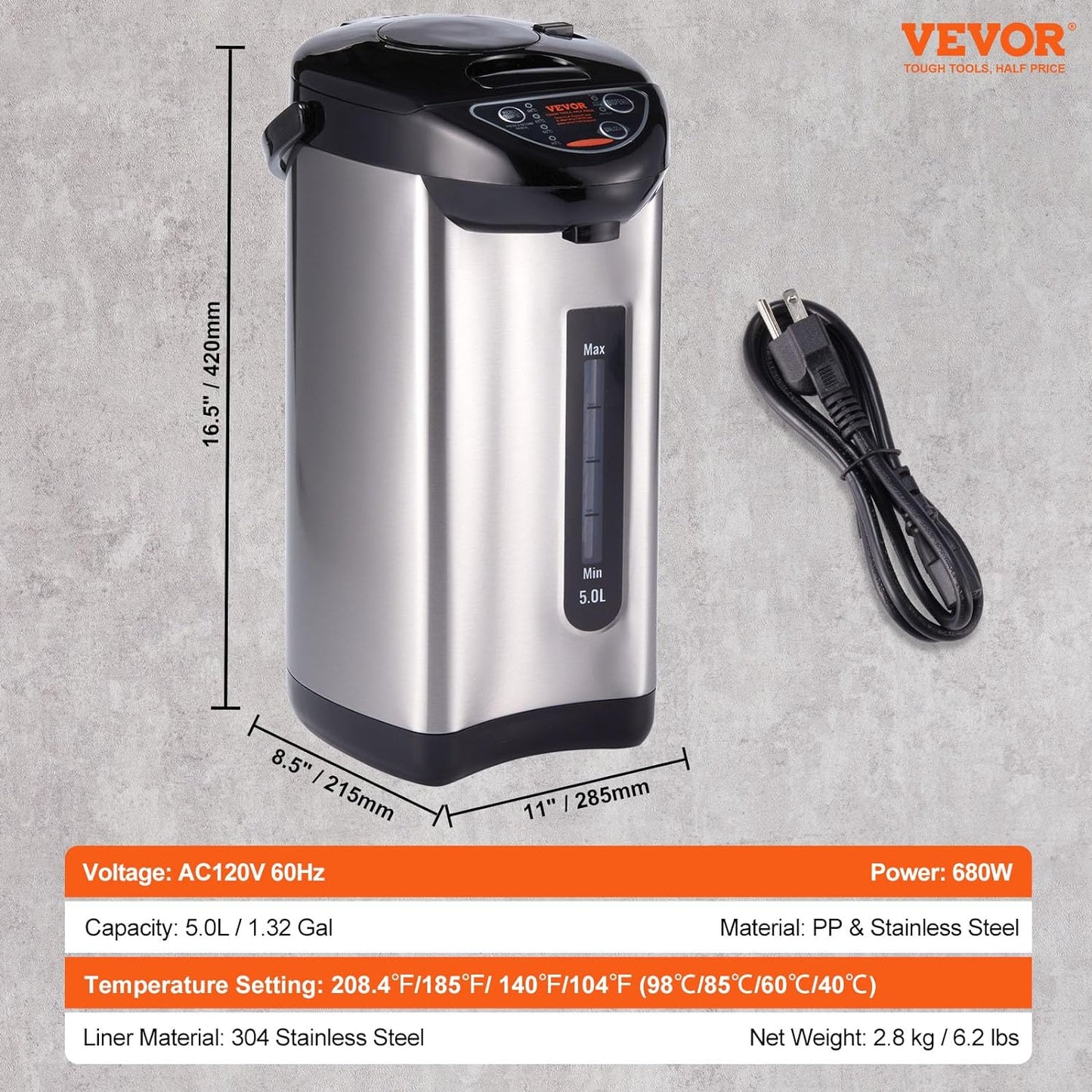 VEVOR Electric Kettle Adjustable 4 Temperatures Water Boiler and Warmer Hot Water Dispenser Countertop Water Heater 4L/135 oz.