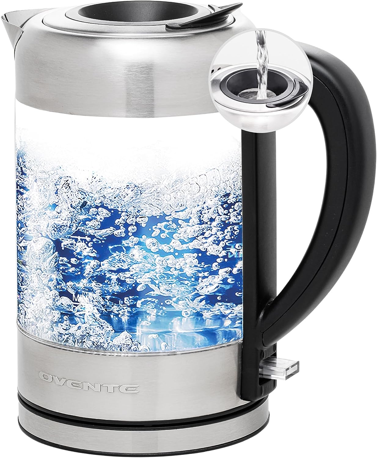 OVENTE 7-Cup 1.7 l Silver Glass Electric Kettle with ProntoFill Technology-Fill Up with Lid On