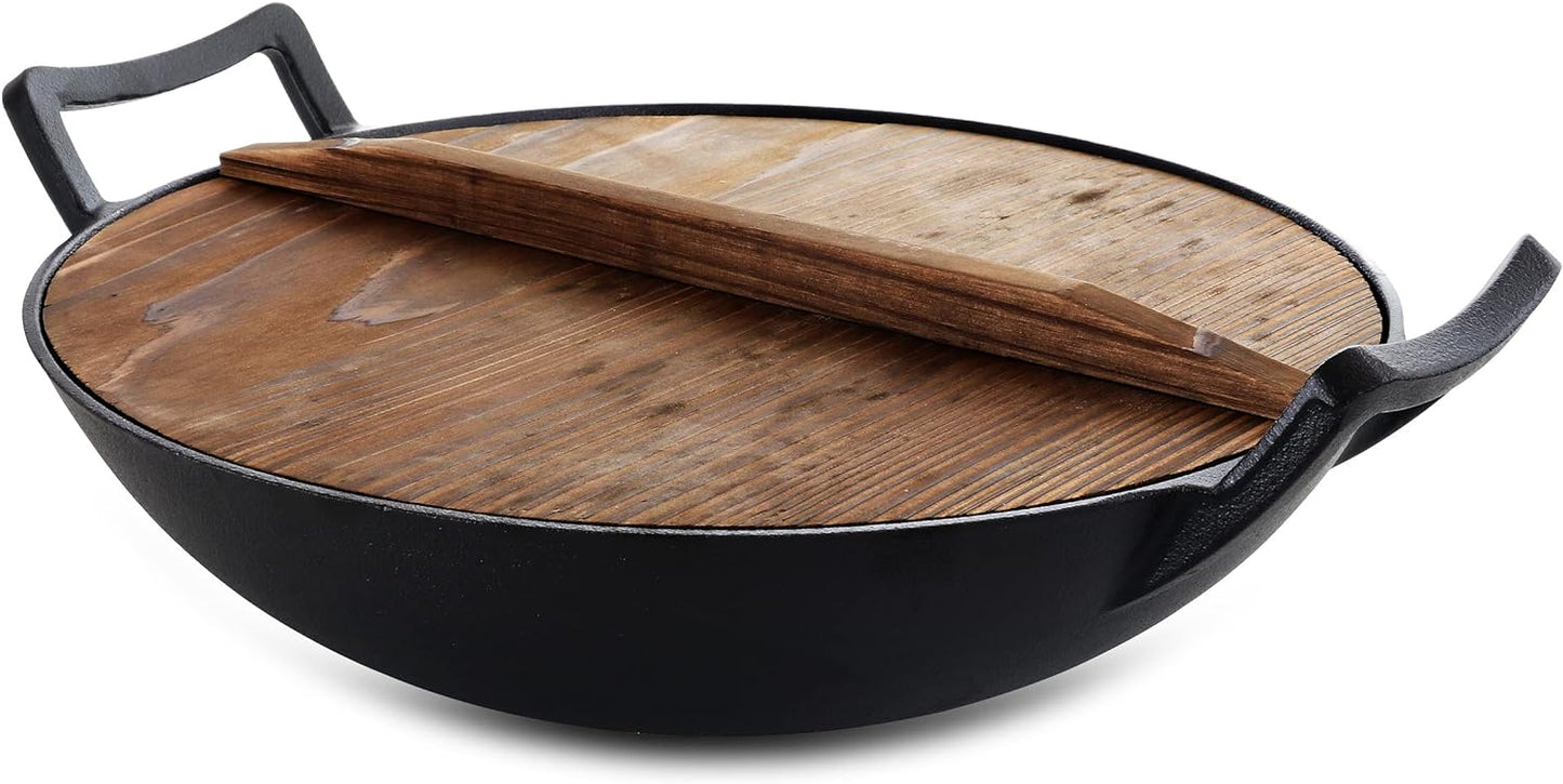 MegaChef 14 in. Heavy Duty Cast Iron Wok with Wood Lid