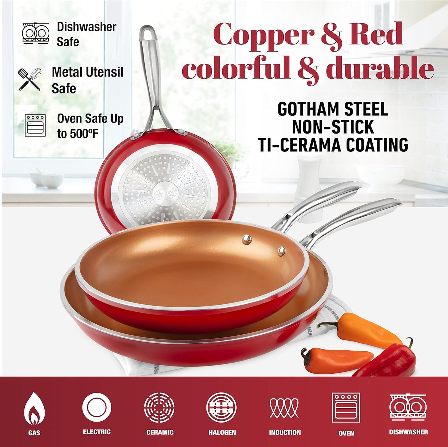 Gotham Steel 3-Piece Aluminum Ti-Ceramic Nonstick Frying Pan Set in Red (8 in., 10 in., and 12 in.)