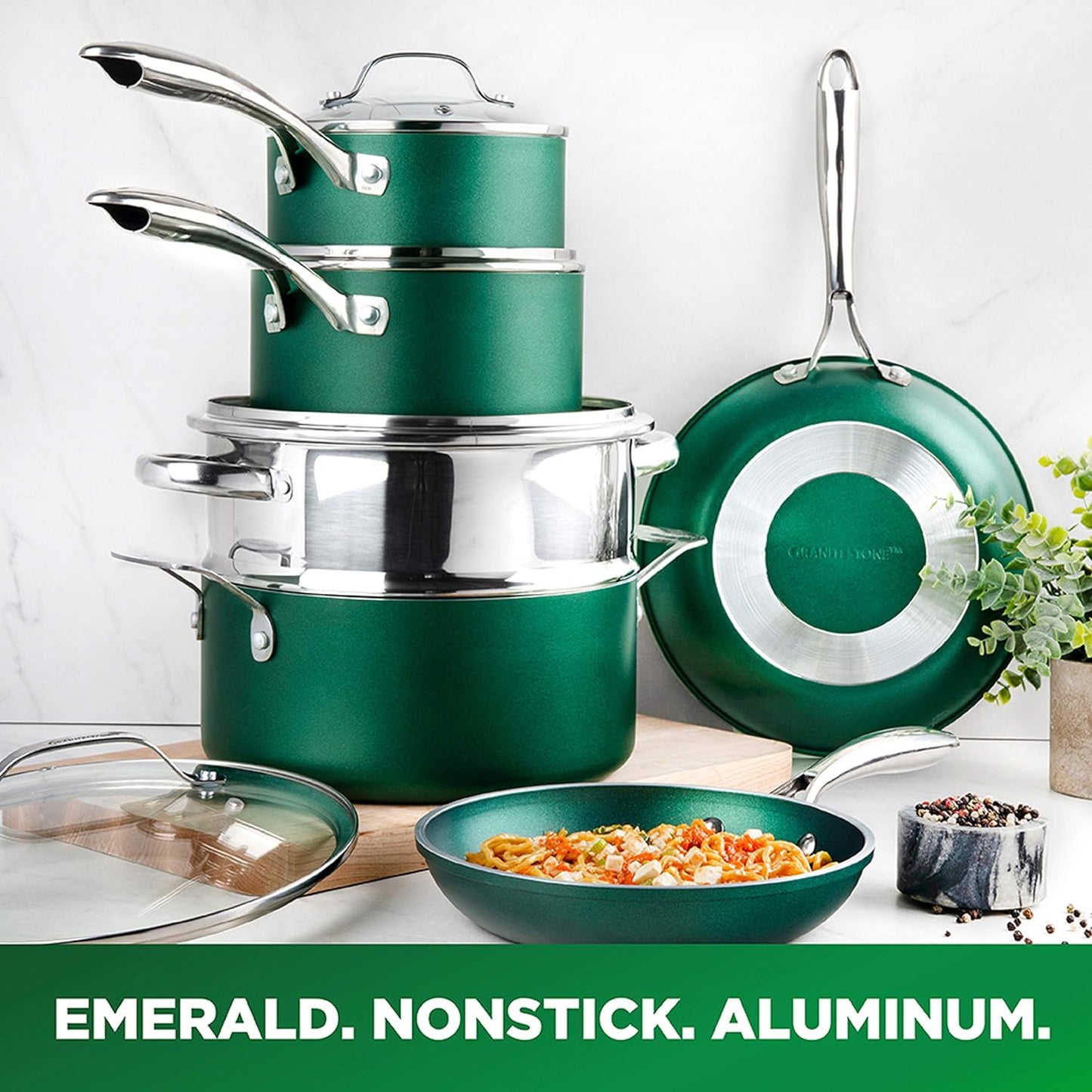 GRANITESTONE 15-Piece Aluminum Ultra-Durable Non-Stick Diamond Infused Cookware and Bakeware Set in Emerald Green