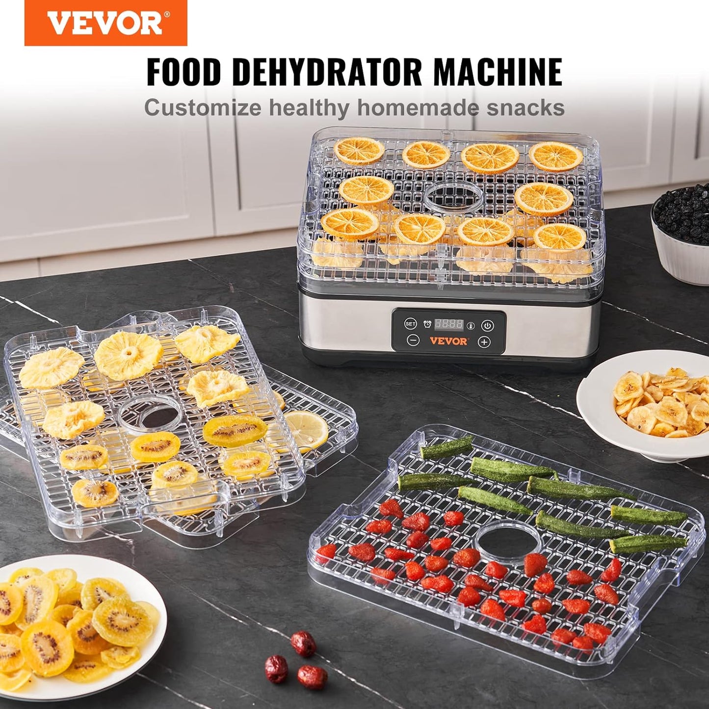 VEVOR Food Dehydrator Machine 5-Tray Fruit Black Dehydrator 300W Electric Food Dryer