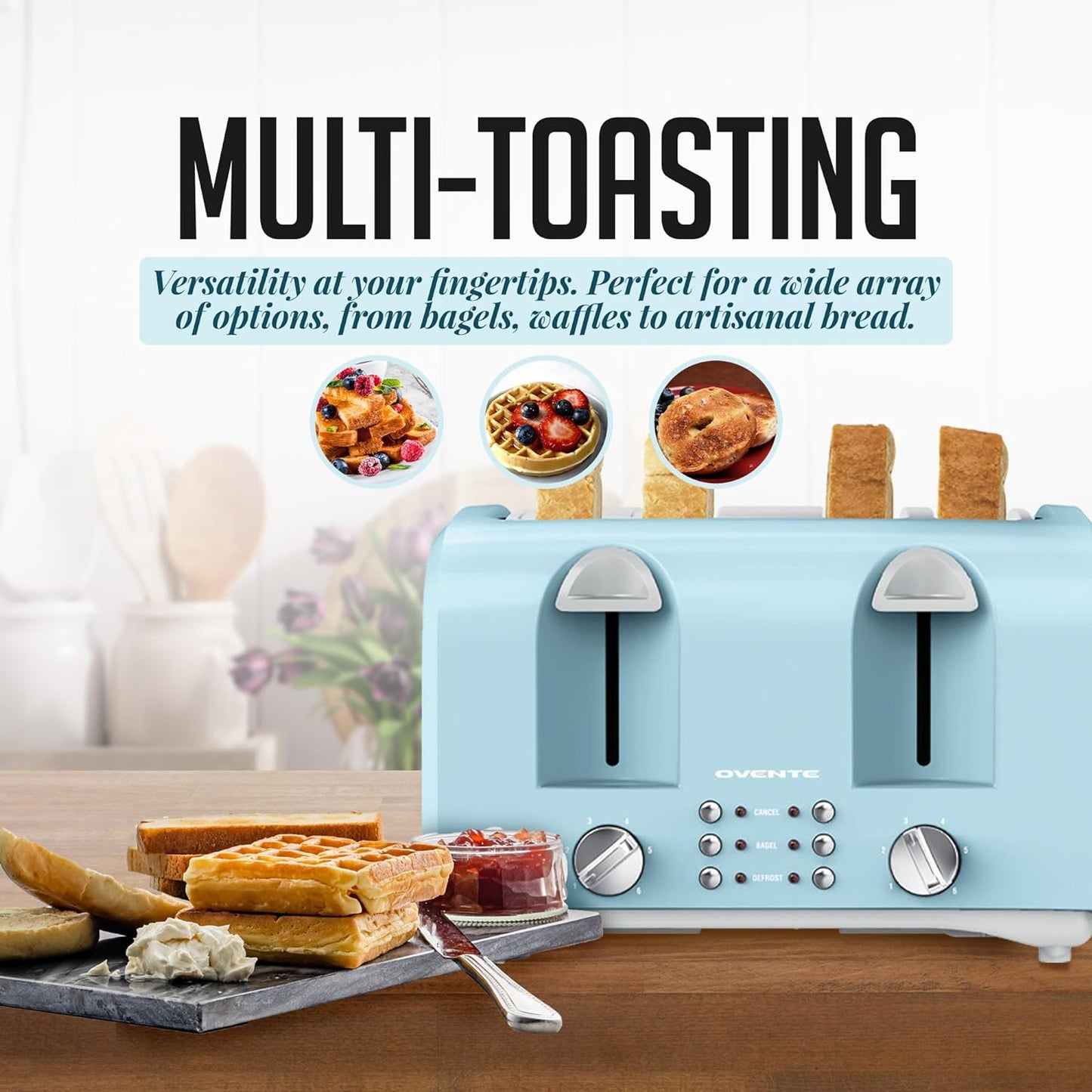 OVENTE 1400-Watt 4-Slice Light Blue Toaster with Extra Wide Slots, 6-Shade Browning Setting, Countertop Toaster