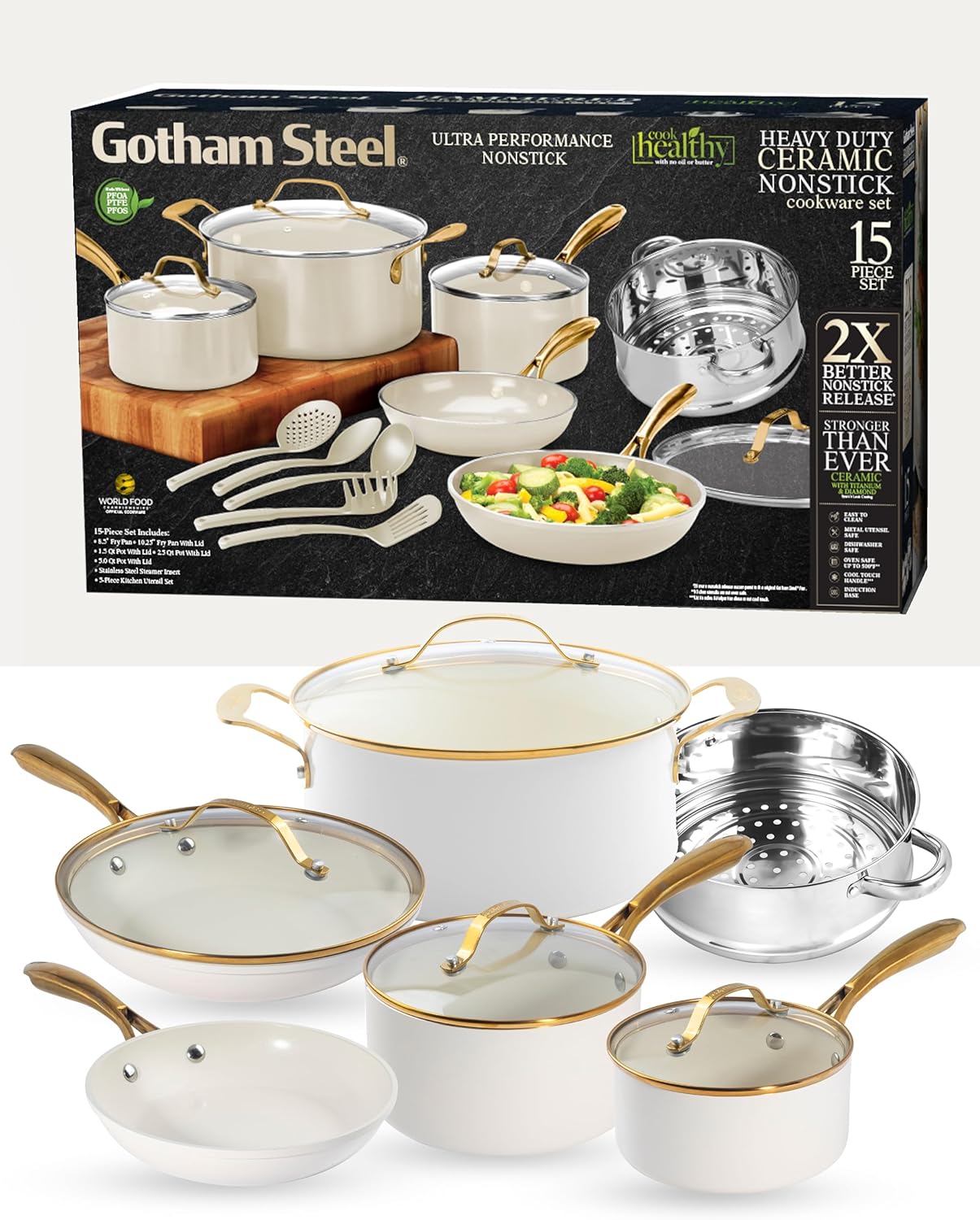 Gotham Steel Natural Collection 15-Piece Aluminum Ultra Performance Ceramic Nonstick Cookware Set in Cream with Gold Handles