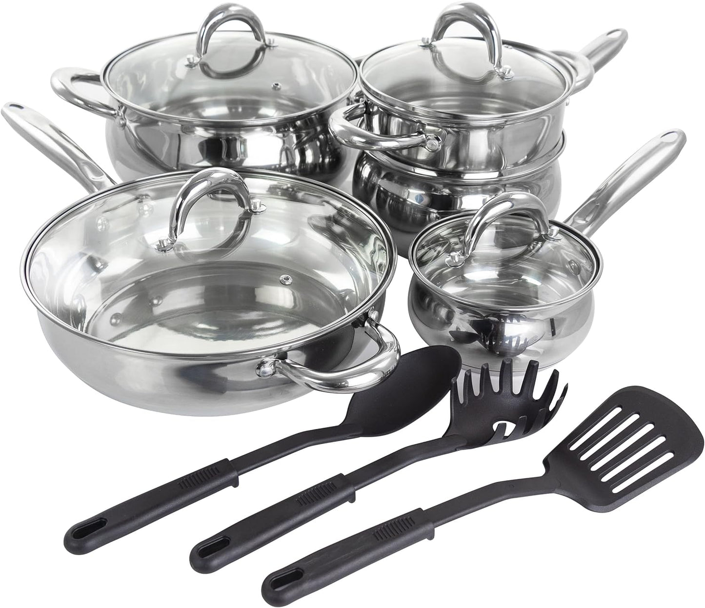 Gibson Home Ancona 12-Piece Stainless Steel Belly Shaped Cookware Set with Kitchen Tools