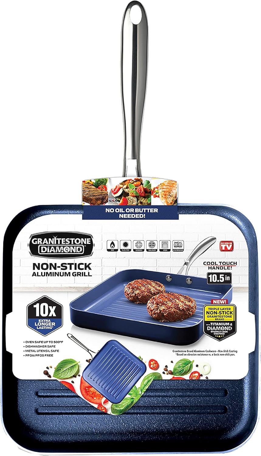 GRANITESTONE Classic Blue 10.5 in. Aluminum Ultra-Durable Non-Stick Diamond Infused Grill Pan