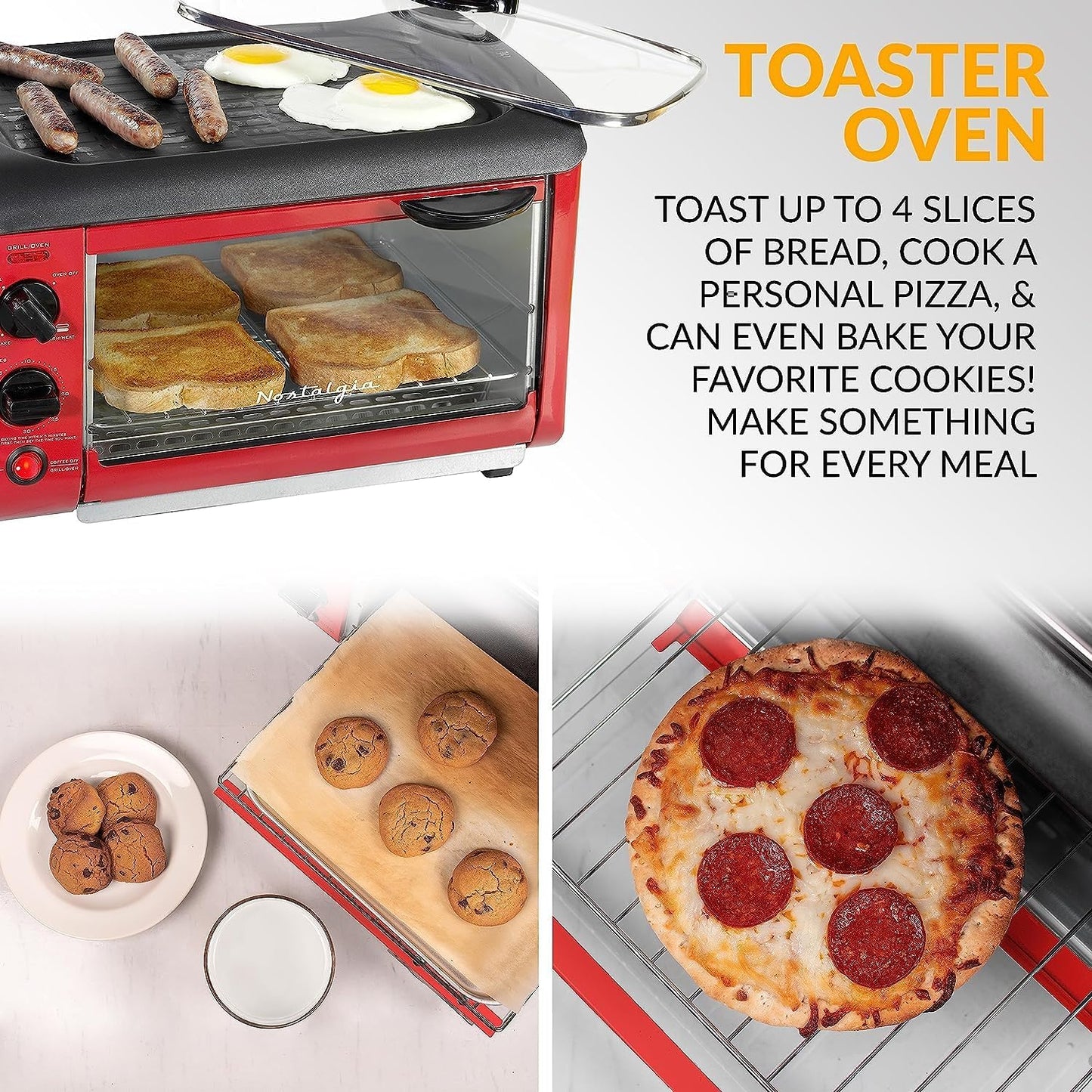 Nostalgia 1500 W 4-Slice Red Toaster Oven Breakfast Station