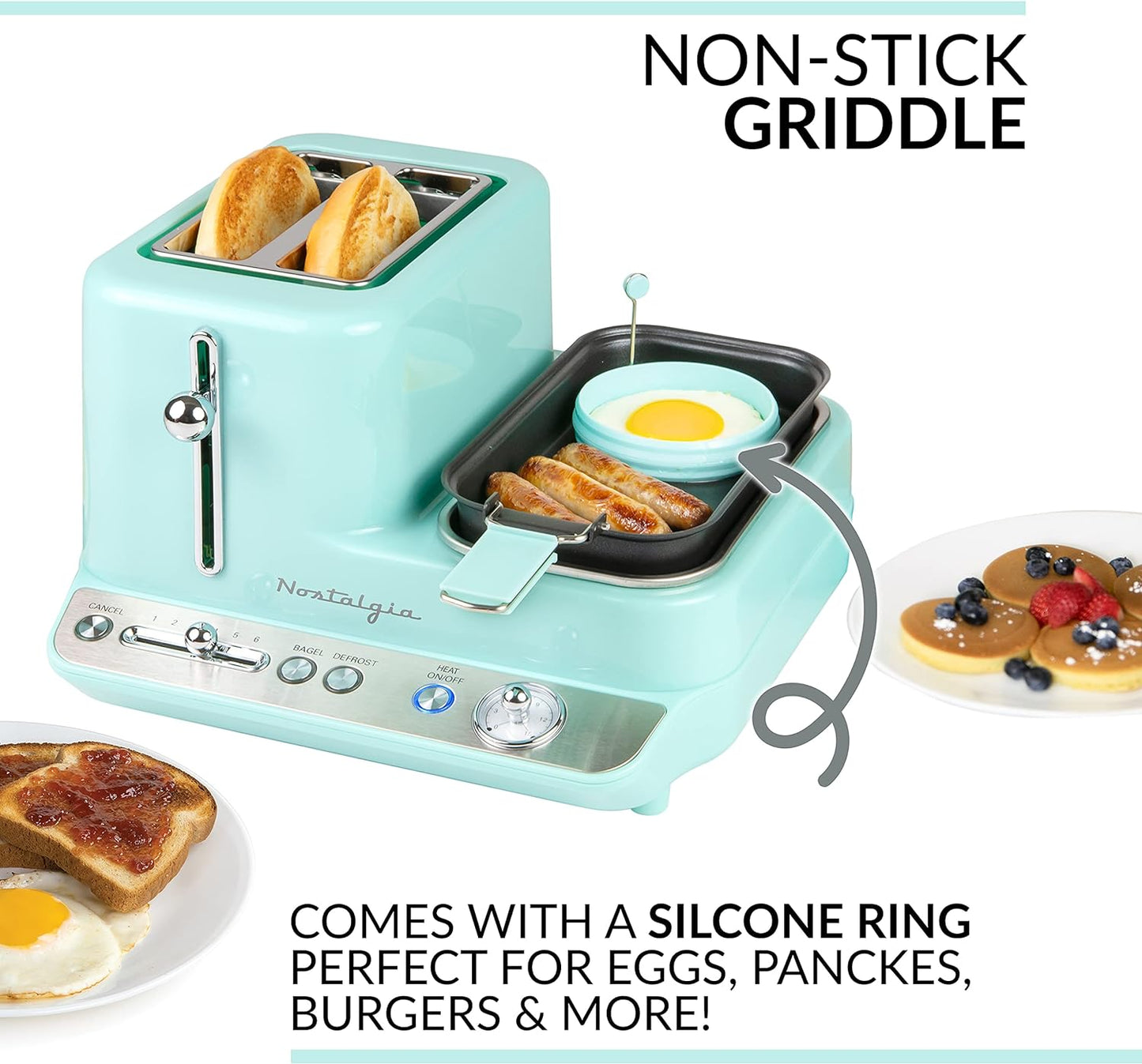 Nostalgia 1500-Watt 2-Slice Aqua Toaster with Non-Stick Griddle