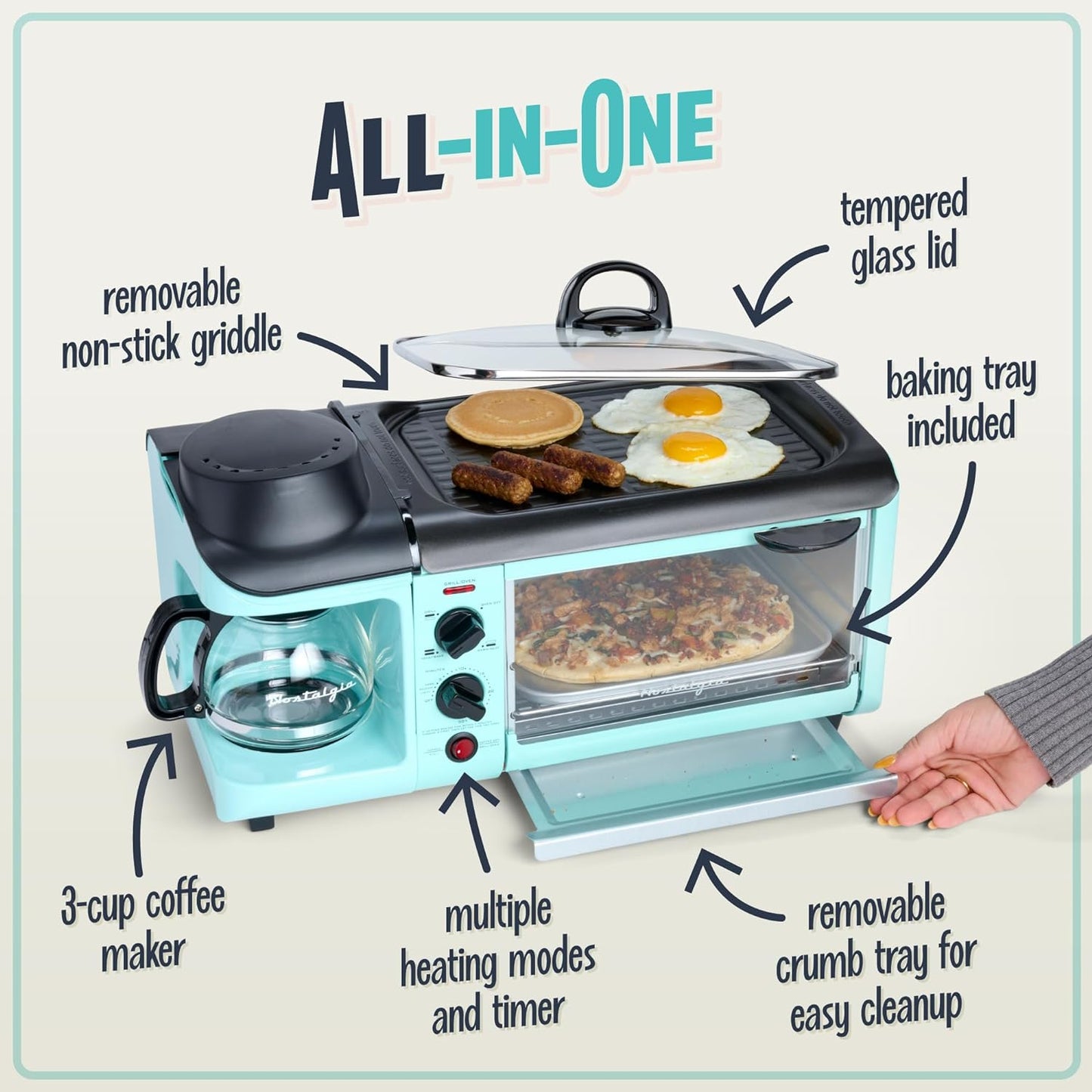 Nostalgia Retro 3-in-1 Aqua Electric Breakfast Station,With Non Stick Die Cast Grill/Griddle,4 Slice Toaster Oven and Coffee Maker