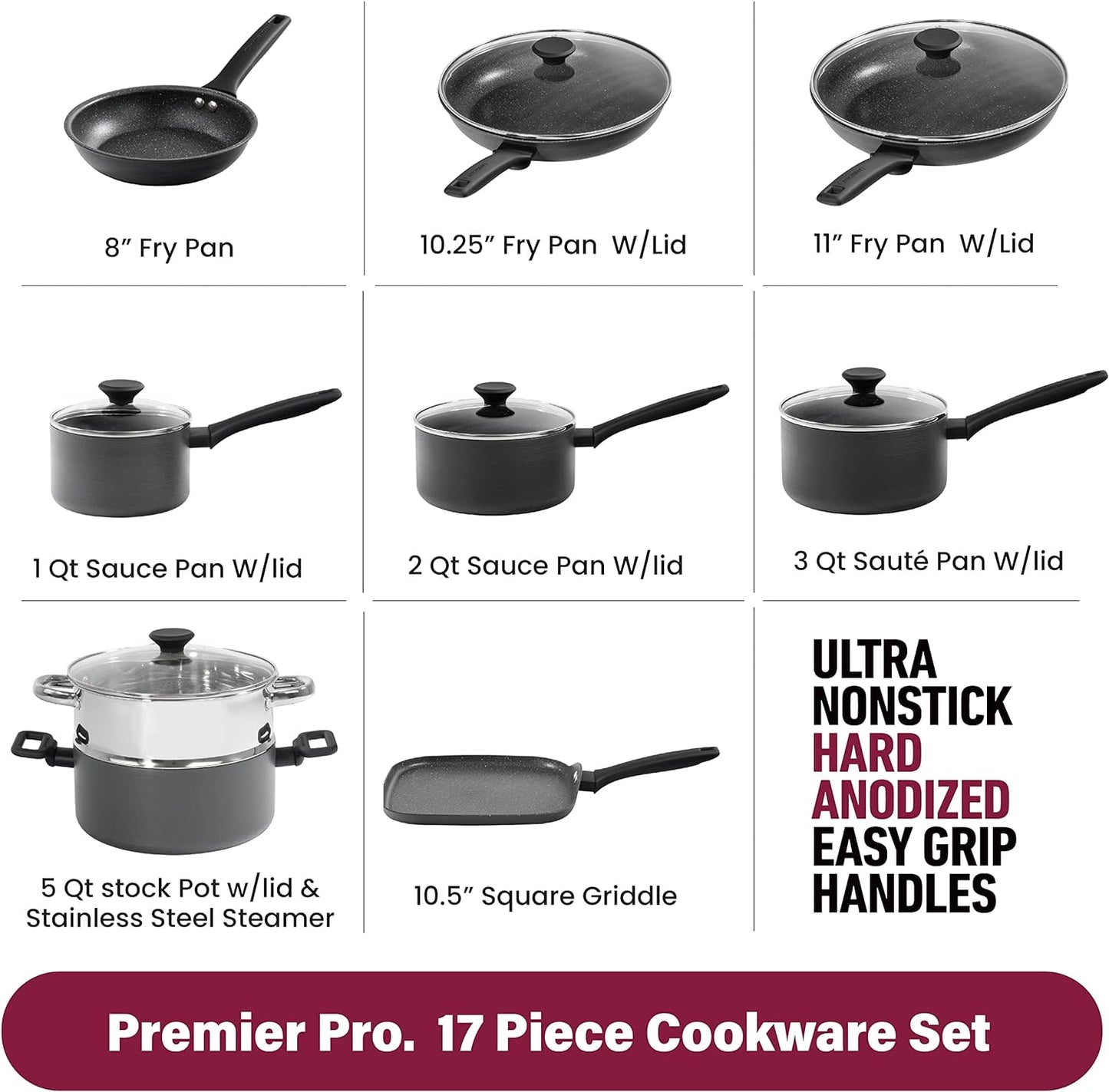 GRANITESTONE Pro Premier Non-Stick Hard Anodized Aluminium 17 Piece Cookware Set