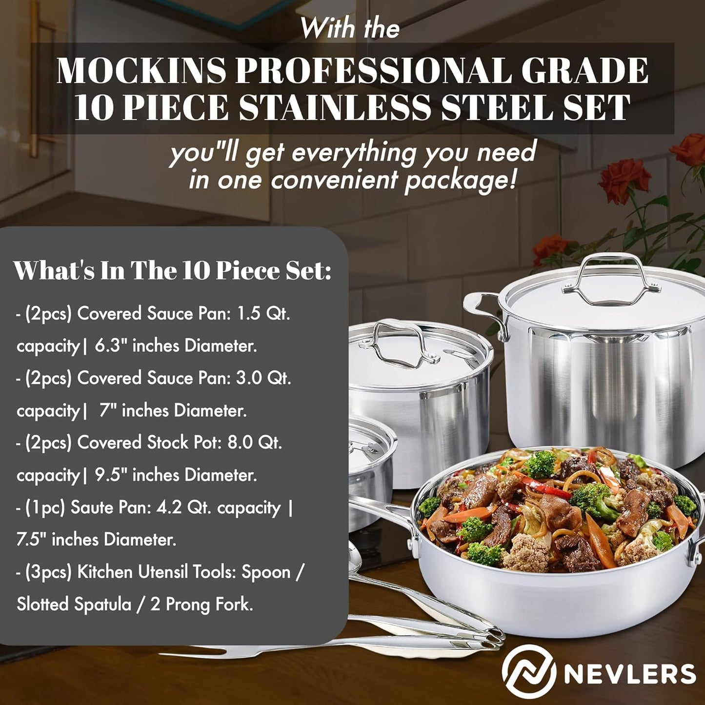 Nevlers 10-Piece Premium Grade Stainless Steel Cookware Set with Lids