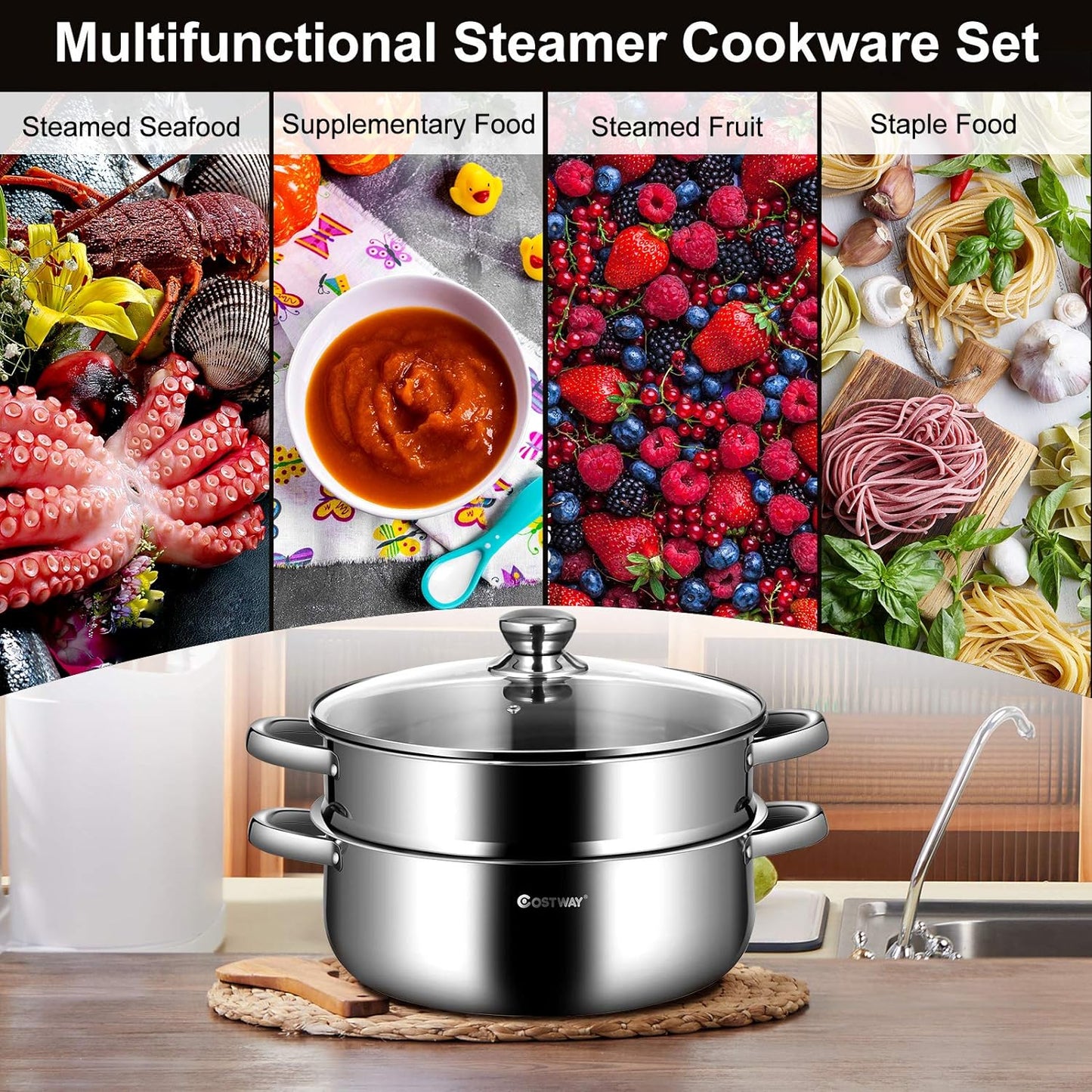 Bunpeony 2-Tier 9.5 qt. Stainless Steel Steamer Pot Cookware Boiler with 4.2 qt. steamer insert and Lid