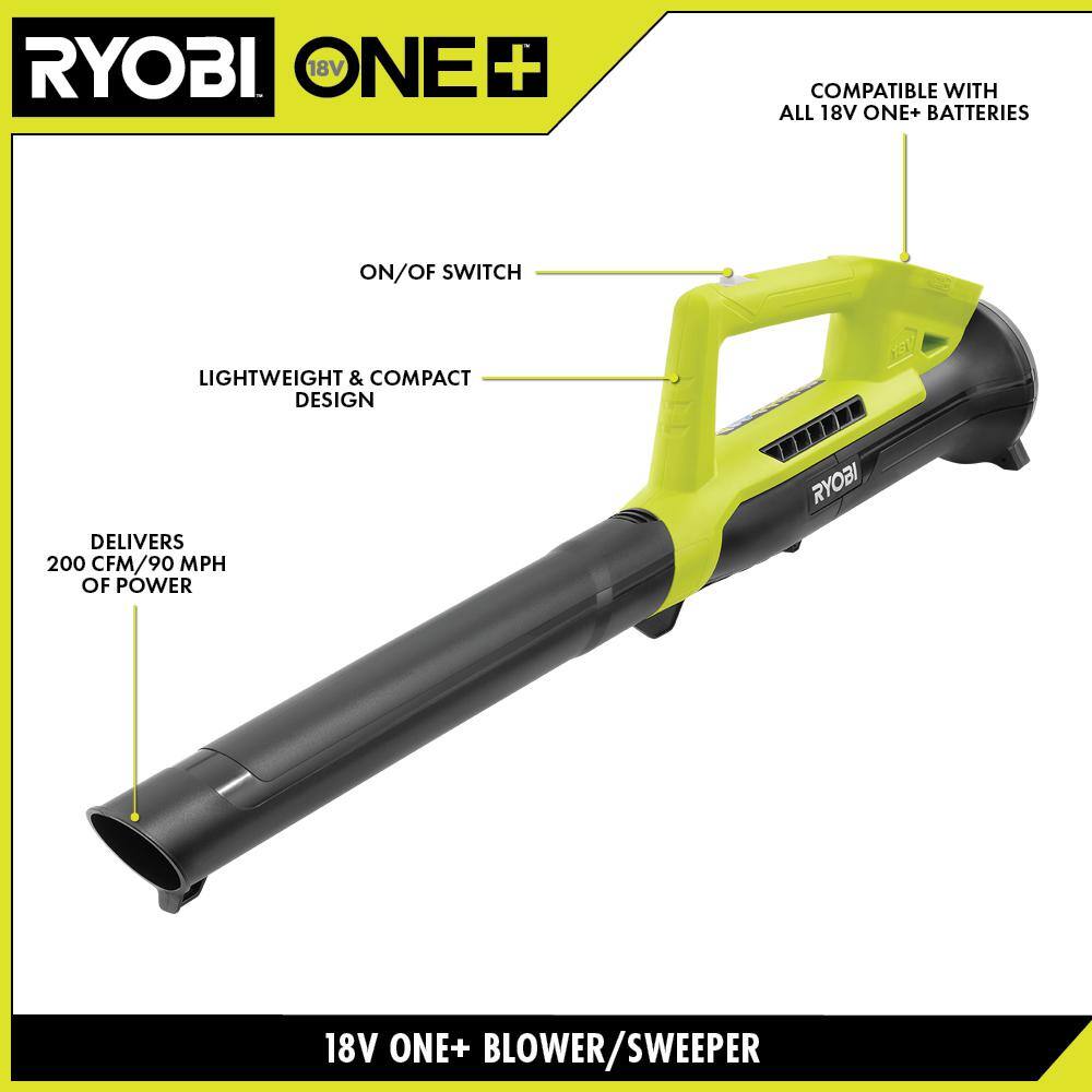 RYOBI ONE+ 18V 90 MPH 200 CFM Cordless Battery Leaf Blower/Sweeper with 2.0 Ah Battery and Charger