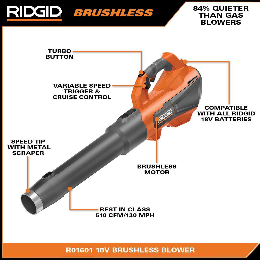 RIDGID 18V Brushless 130 MPH 510 CFM Cordless Battery Leaf Blower (Tool Only)