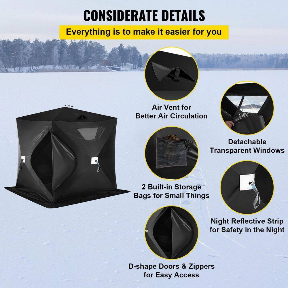 VEVOR Pop-Up Ice Fishing Tent 2 To 3 Person Portable Ice Shelter with Waterproof Oxford Fabric for Winter Fishing, Black