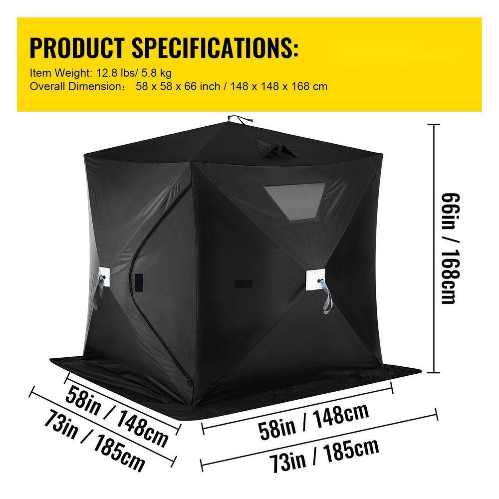 VEVOR Pop-Up Ice Fishing Tent 2 To 3 Person Portable Ice Shelter with Waterproof Oxford Fabric for Winter Fishing, Black