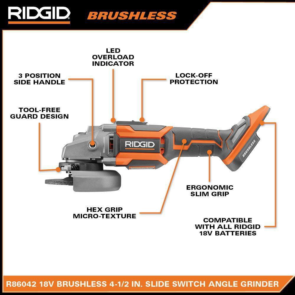 RIDGID 18V Brushless Cordless 4-1/2 in. Slide Switch Angle Grinder (Tool Only)