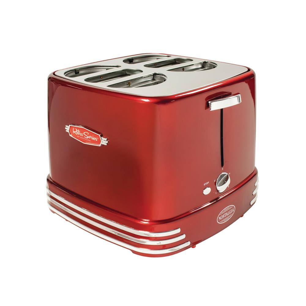 Nostalgia Retro Series 4-Slice Red Hot Dog and Bun Toaster with Crumb Tray and Mini Tongs