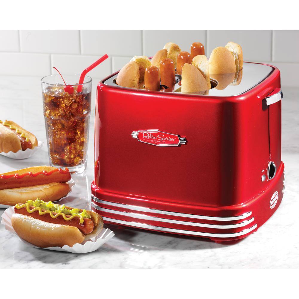 Nostalgia Retro Series 4-Slice Red Hot Dog and Bun Toaster with Crumb Tray and Mini Tongs