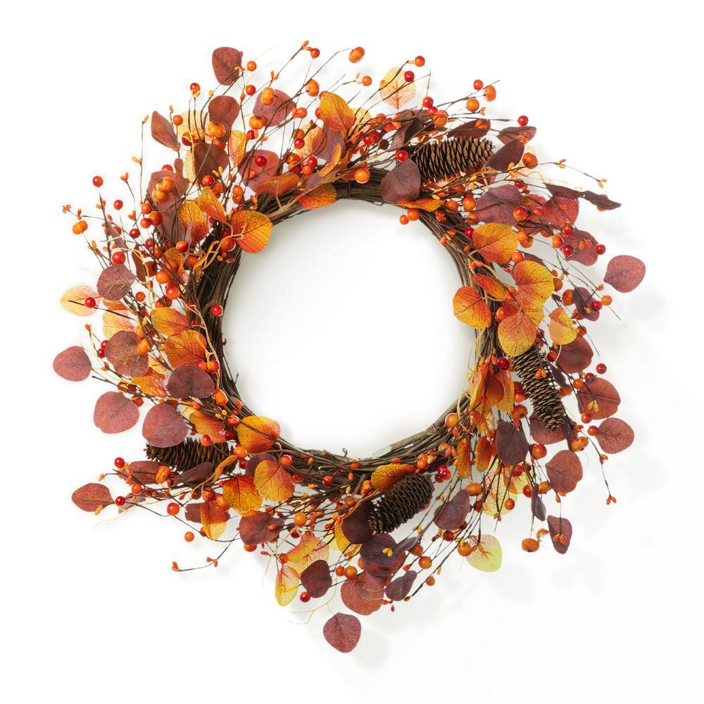 Glitzhome 22 in. D Fall Eucalyptus Berry Fall Artificial Christmas Wreath