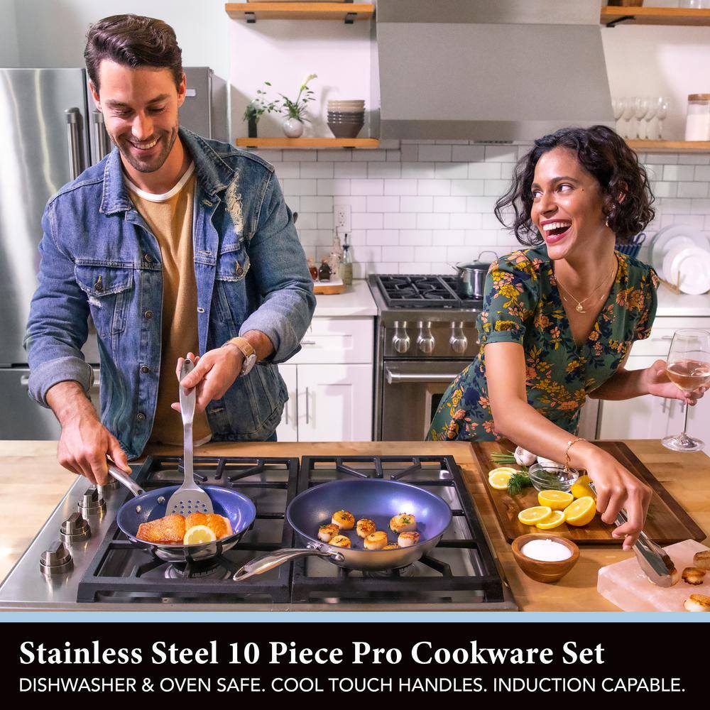 GRANITESTONE Classic Blue 10-Piece Stainless Steel Tri-Ply Nonstick Diamond Infused Coating Cookware Set