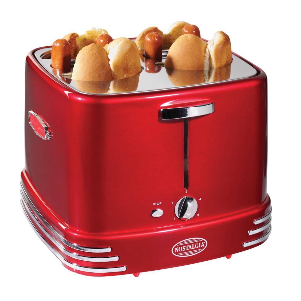 Nostalgia Retro Series 4-Slice Red Hot Dog and Bun Toaster with Crumb Tray and Mini Tongs