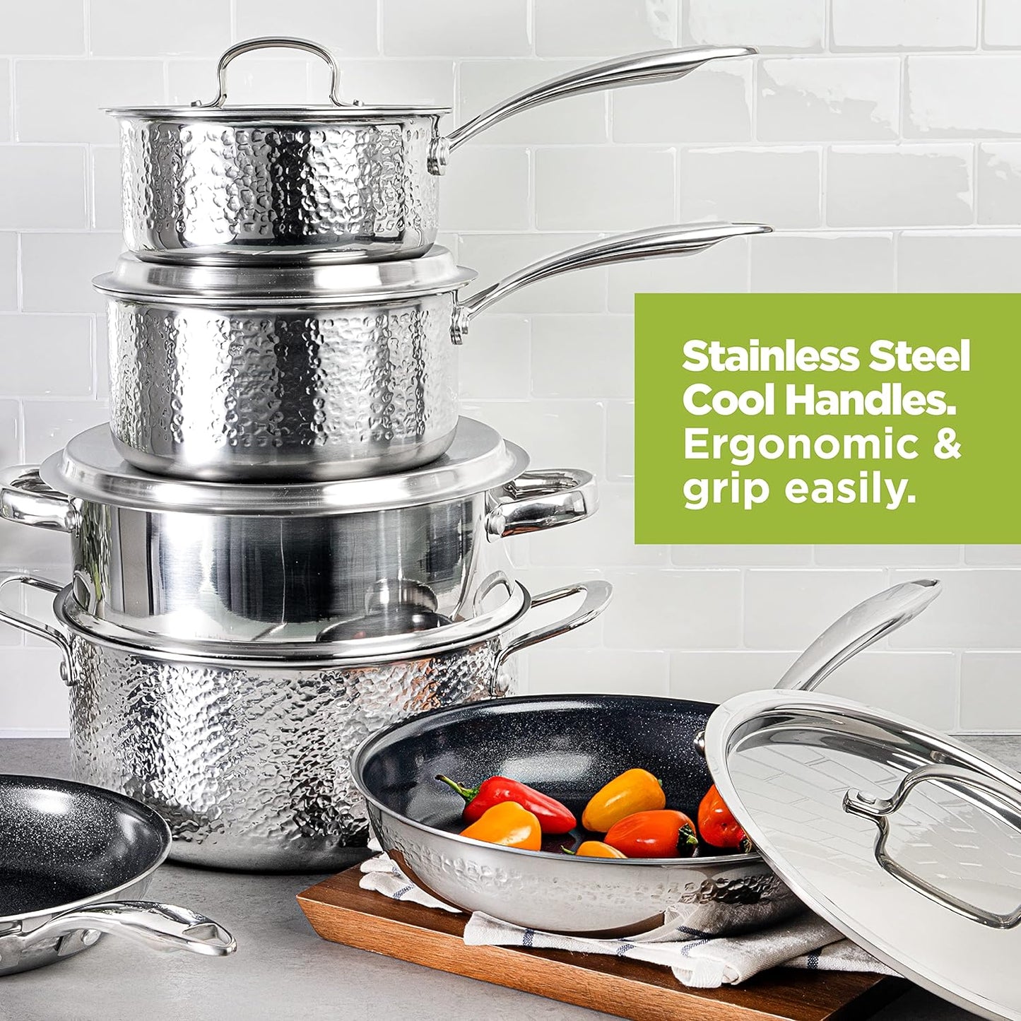 GRANITESTONE Hammered 10-Piece Stainless Steel Tri-Ply Nonstick Ultra Premium Ceramic Cookware Set