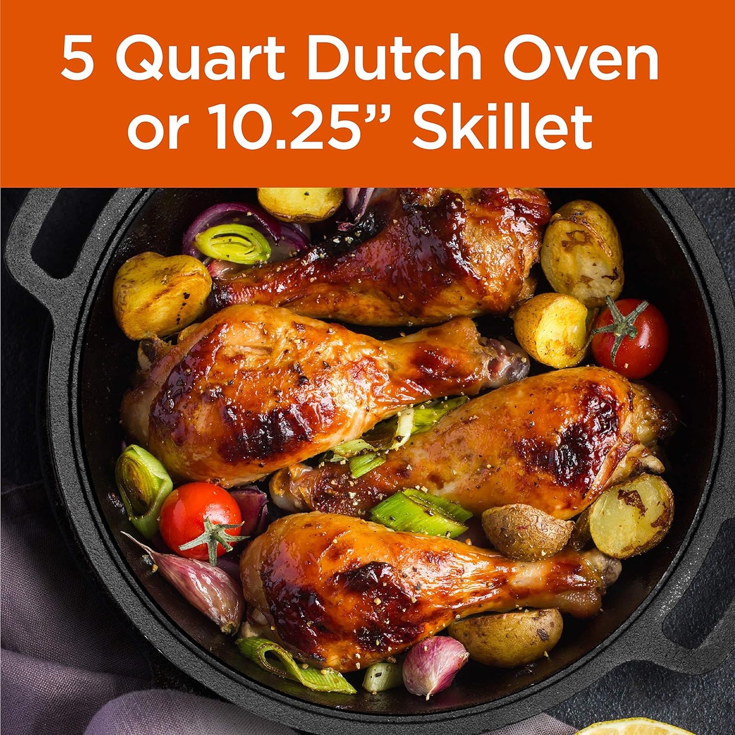 Commercial CHEF Pre-Seasoned 5 qt. Cast Iron Dutch Oven with Skillet Lid