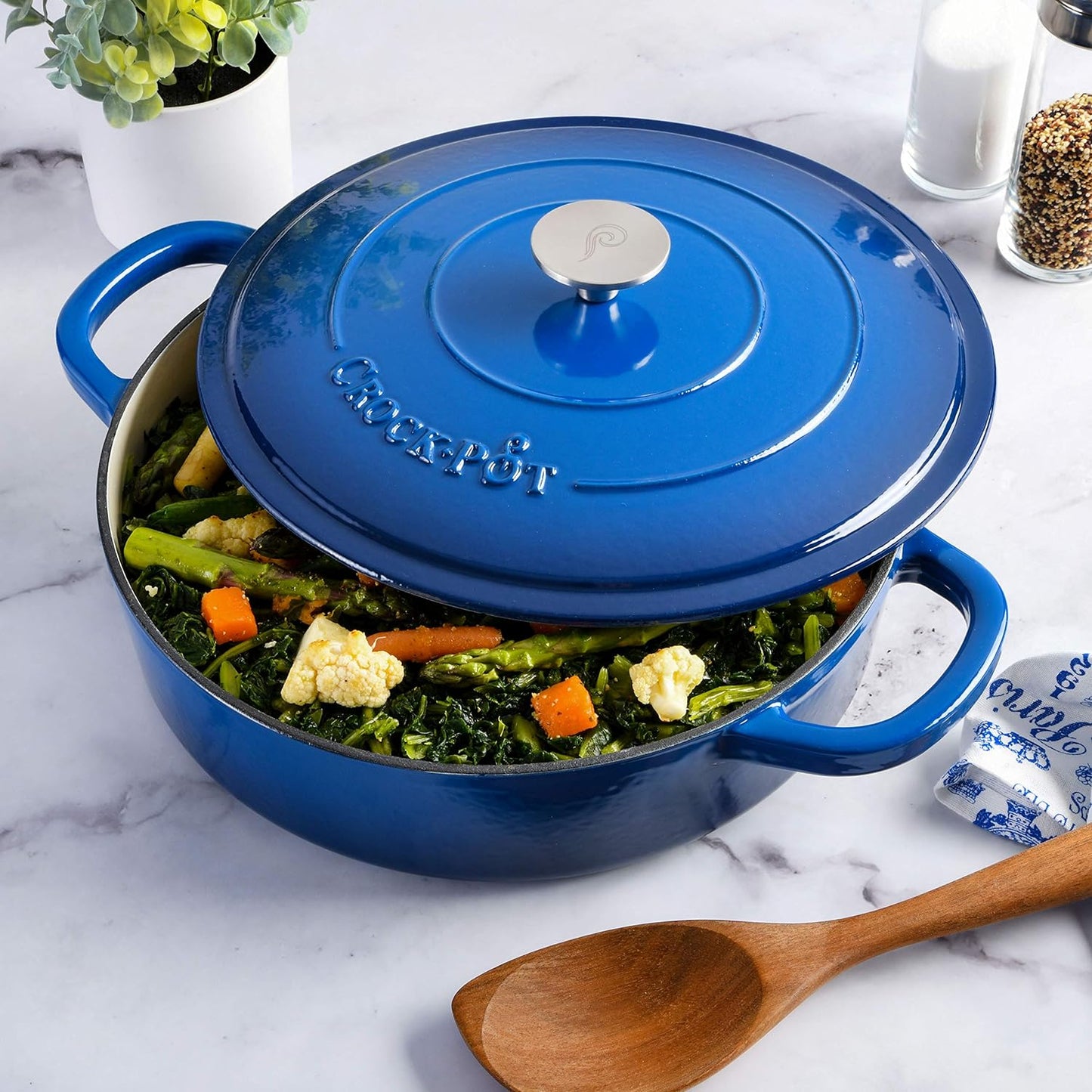 Crock-Pot Artisan 5 qt. Round Enameled Cast Iron Braiser Pan with Self Basting Lid in Blue