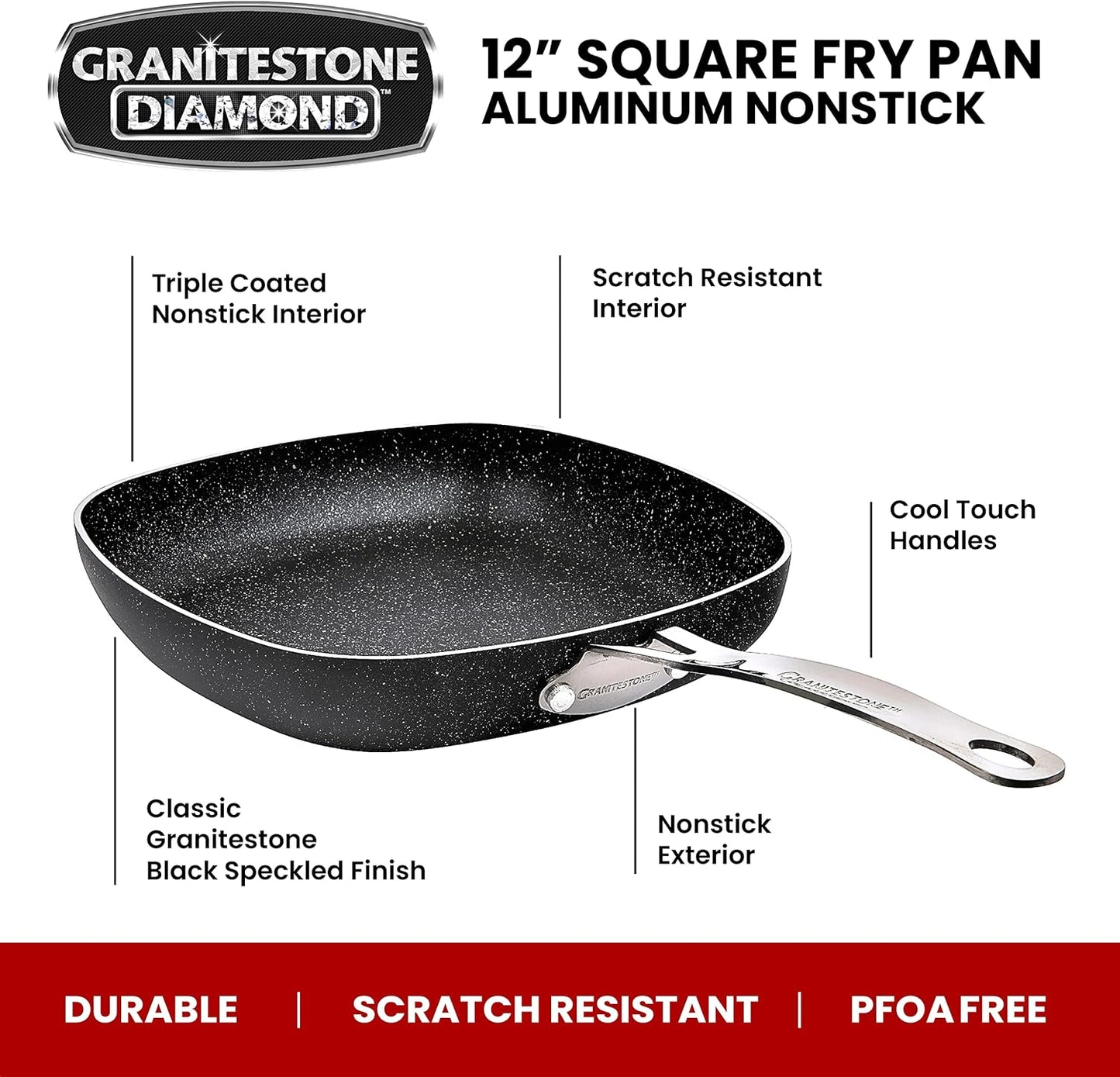 GRANITESTONE 12 in. Aluminum Ultra-Durable Non-Stick Diamond Infused Square Fry Pan