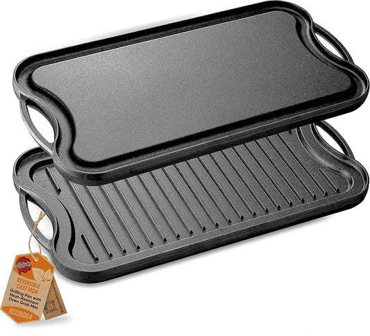 NutriChef 19.96 in. Kitchen Flat Grill Plate Pan Reversible Cast Iron Griddle Classic Flat Grill Pan Design with Scraper