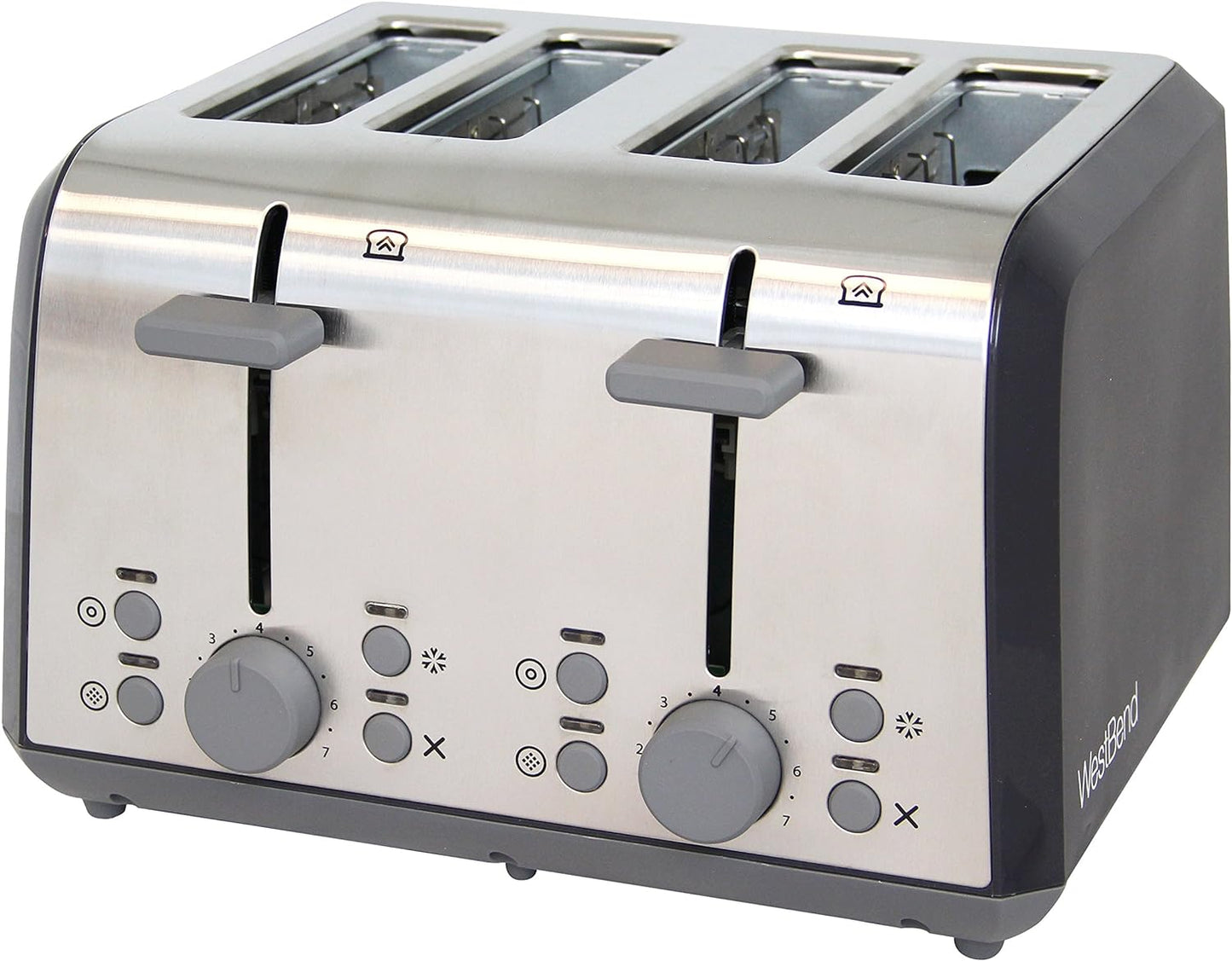 West Bend 4-Slice Silver Extra Wide Slot Toaster with Bagel Settings Ultimate Toast Lift and Removable Crumb Tray