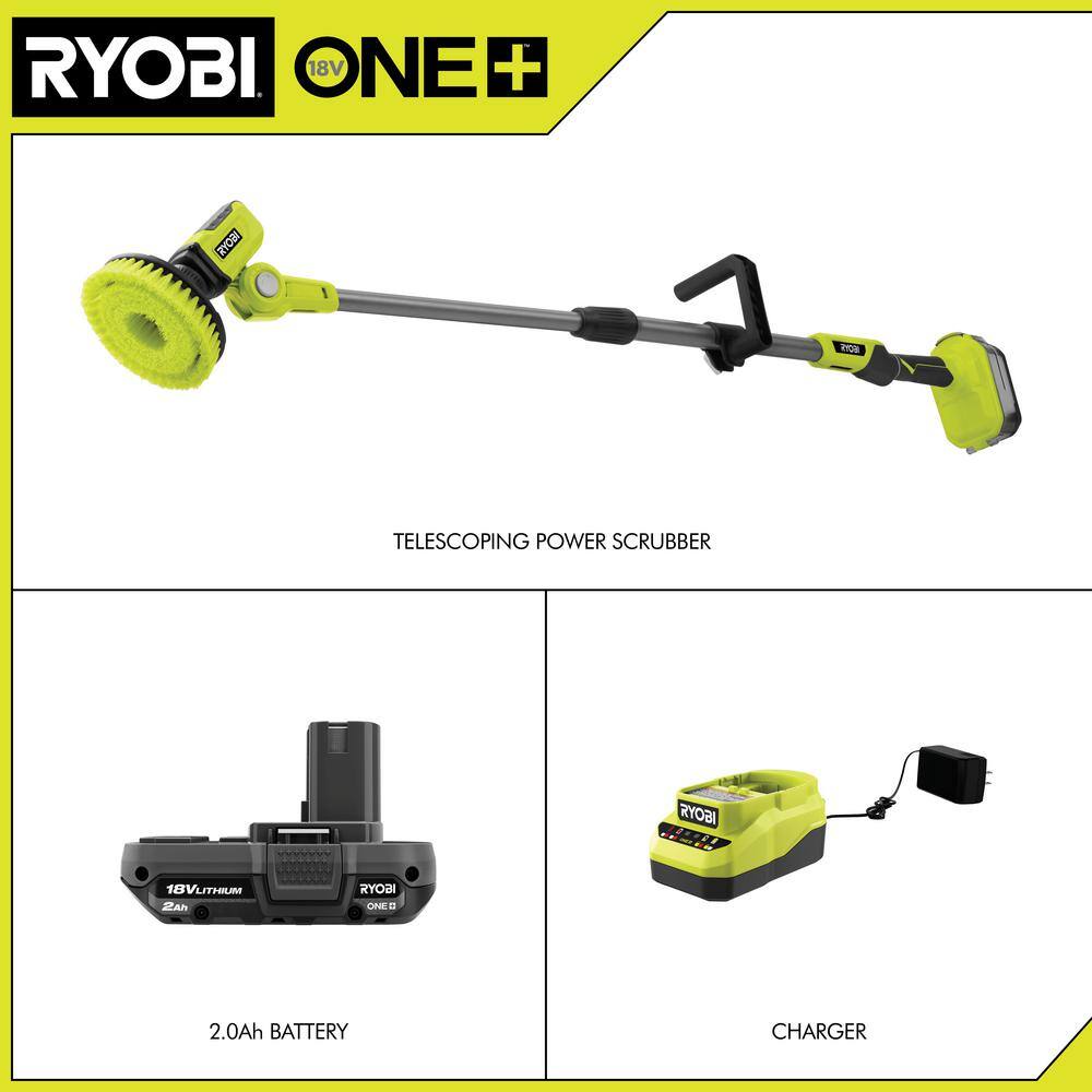 RYOBI ONE+ 18V Cordless Telescoping Power Scrubber Kit with 2.0 Ah Battery and Charger