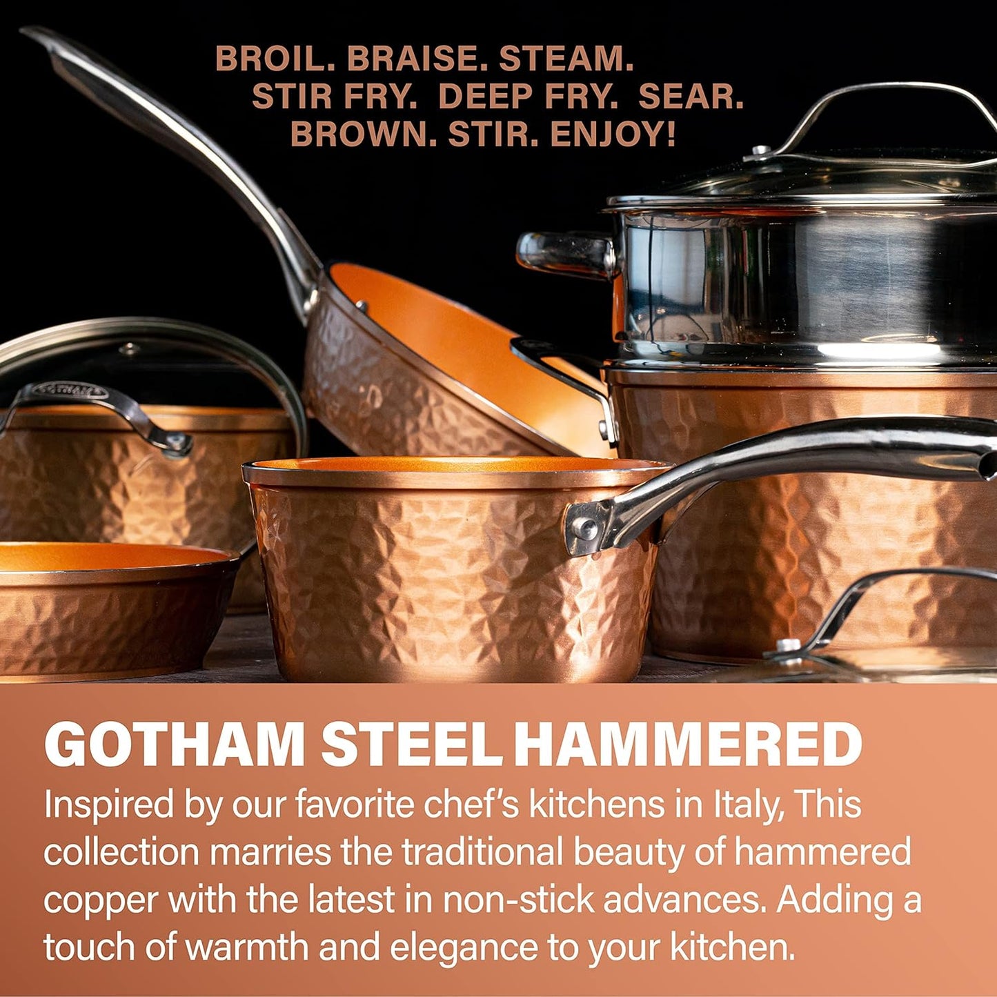 Gotham Steel Hammered Copper 14 in. Aluminum Non-Stick XL Family Frying Pan with Glass Lid