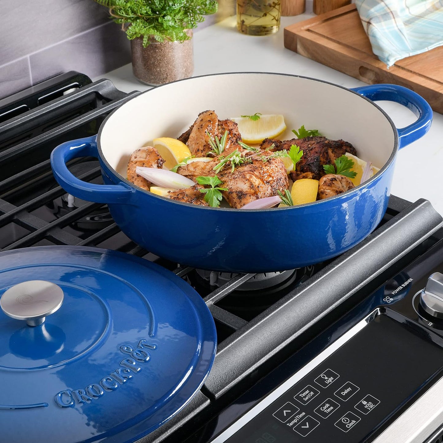 Crock-Pot Artisan 5 qt. Round Enameled Cast Iron Braiser Pan with Self Basting Lid in Blue