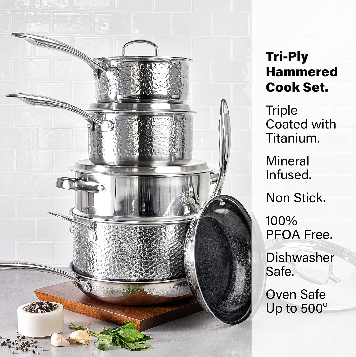 GRANITESTONE Hammered 10-Piece Stainless Steel Tri-Ply Nonstick Ultra Premium Ceramic Cookware Set