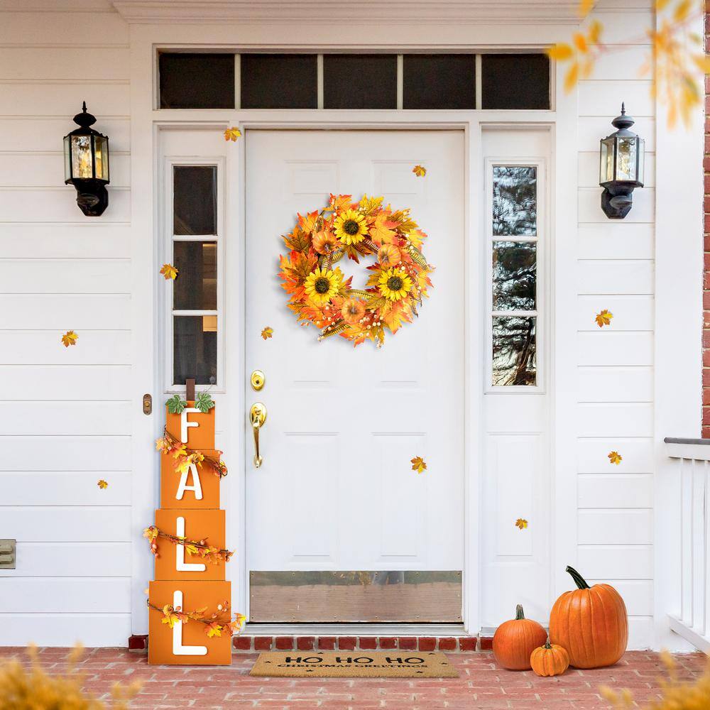 Glitzhome 24 in. D Fall Sunflower Pumpkin Leaf Wreath Artificial Christmas Wreath