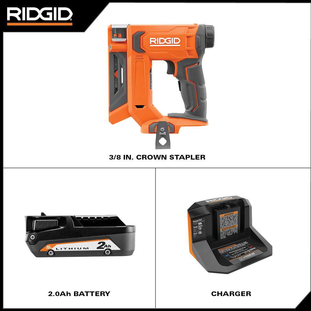 RIDGID 18V Cordless 3/8 in. Crown Stapler Kit with 2.0 Ah Battery and Charger