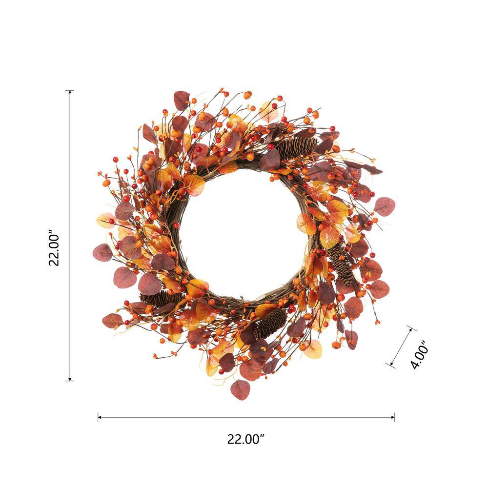 Glitzhome 22 in. D Fall Eucalyptus Berry Fall Artificial Christmas Wreath