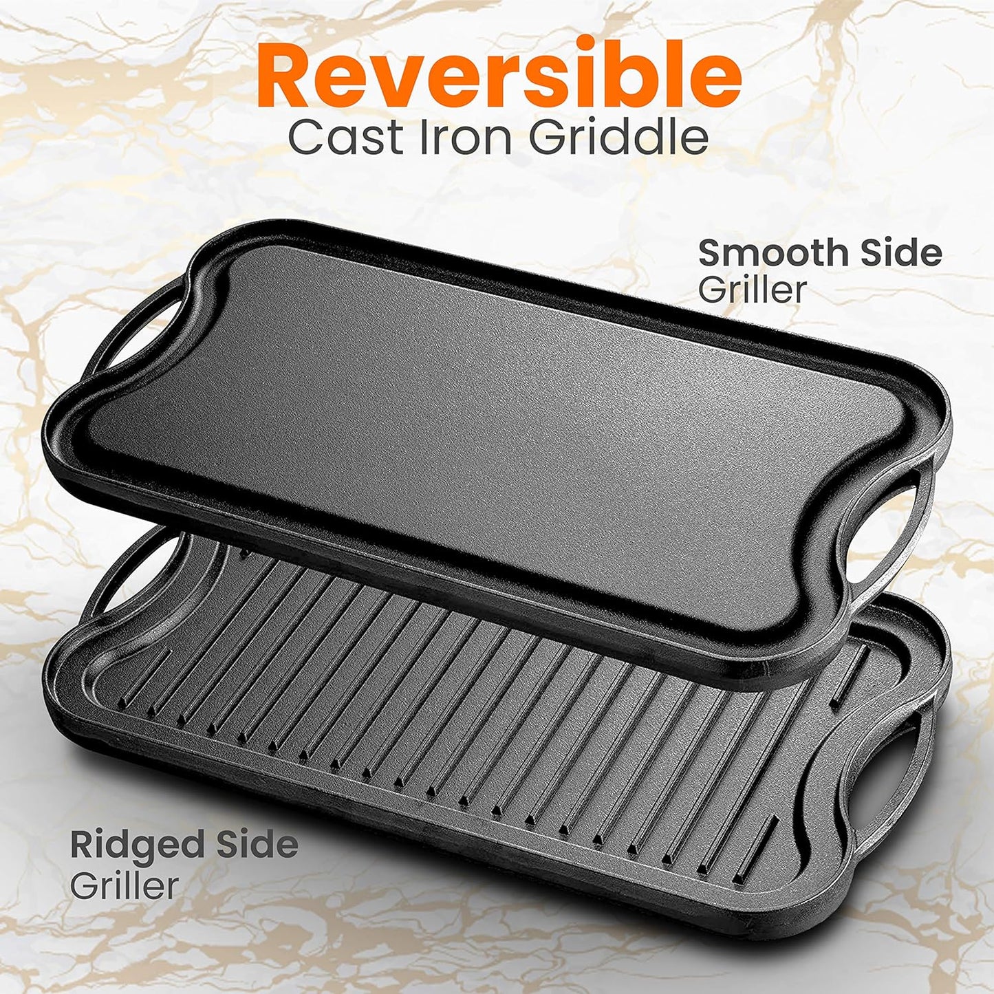 NutriChef 19.96 in. Kitchen Flat Grill Plate Pan Reversible Cast Iron Griddle Classic Flat Grill Pan Design with Scraper