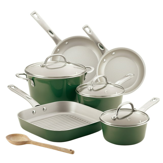 Ayesha Curry Ayesha Home Collection Porcelain Enamel Nonstick Cookware Set, 10-Piece, Basil Green