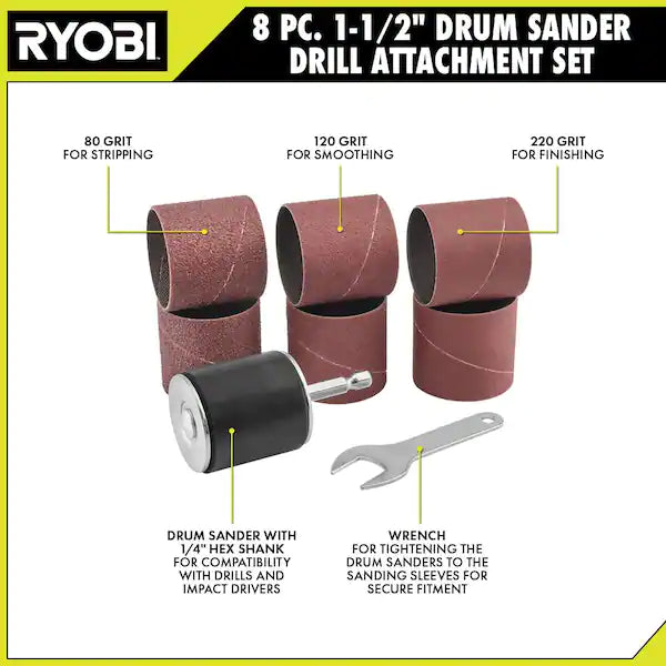 RYOBI Drum Sander Drill Attachment Set (8-Piece)