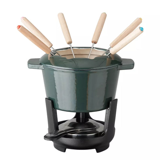 OUR TABLE 13-Piece Enameled Cast Iron Fondue Pot Set in Sycamore