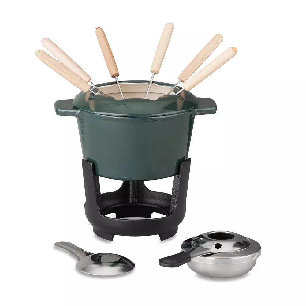 OUR TABLE 13-Piece Enameled Cast Iron Fondue Pot Set in Sycamore